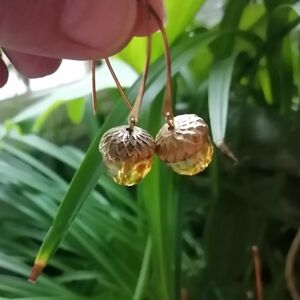 Acorn earrings Handmade Dangle Fall  Boho Anthro antique gold tan olive Long